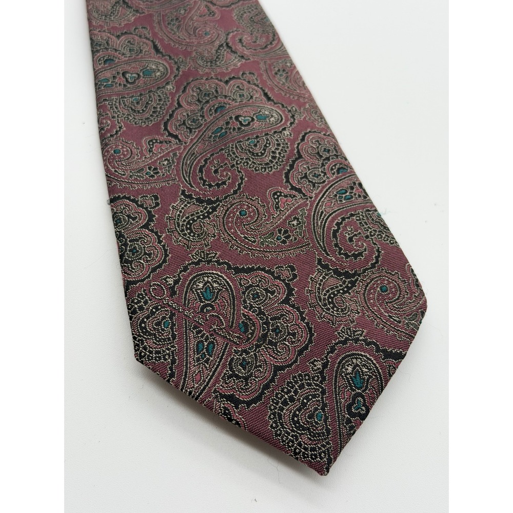Vintage Oscar De La Renta Mens Paisley Silk Tie Burgundy Pink Teal Black Teal